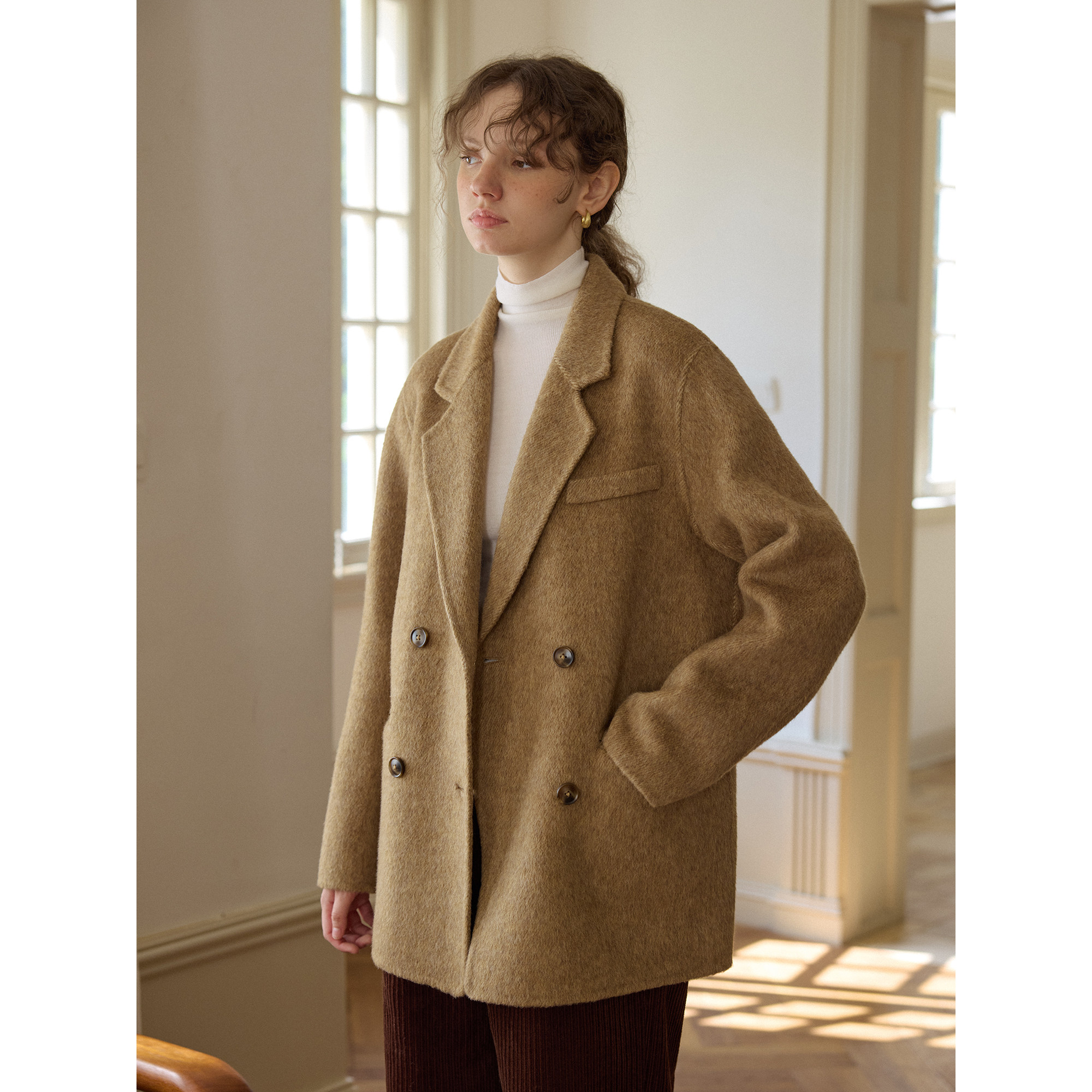 复古西装领宽松短款羊毛骆驼绒双面呢大衣女秋冬季毛呢外套小个子