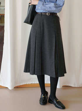 复古深灰色百搭高腰羊毛混纺毛呢a字百褶半身裙女秋款中长款半裙