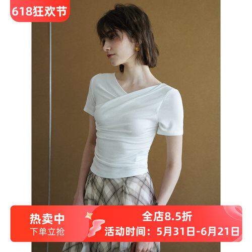 解构设计感V领交叠修身显瘦短袖打底衫T恤女夏季新款收腰褶皱上衣