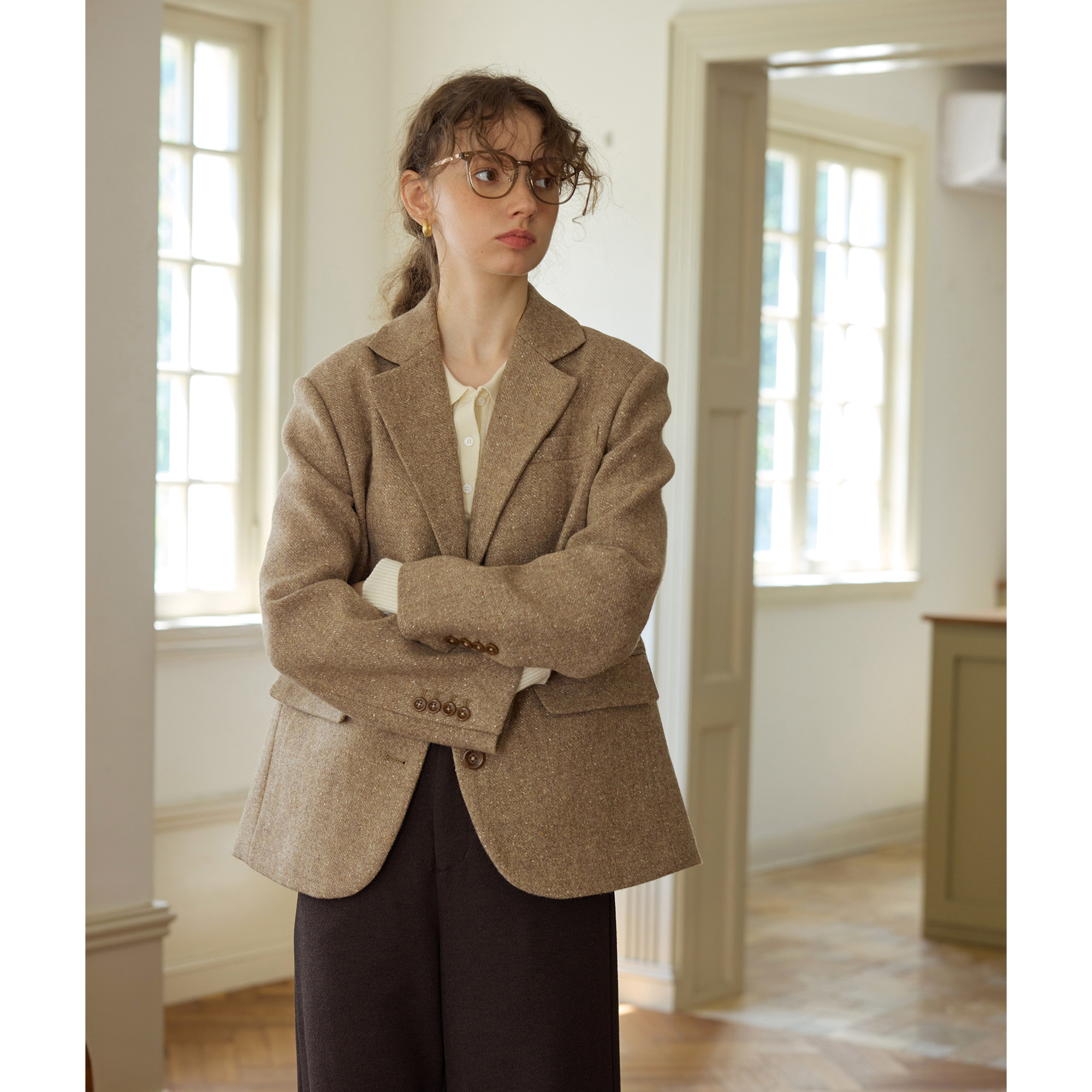 复古风灰色羊毛休闲宽松短款西装毛呢外套女秋冬新款呢子通勤韩版