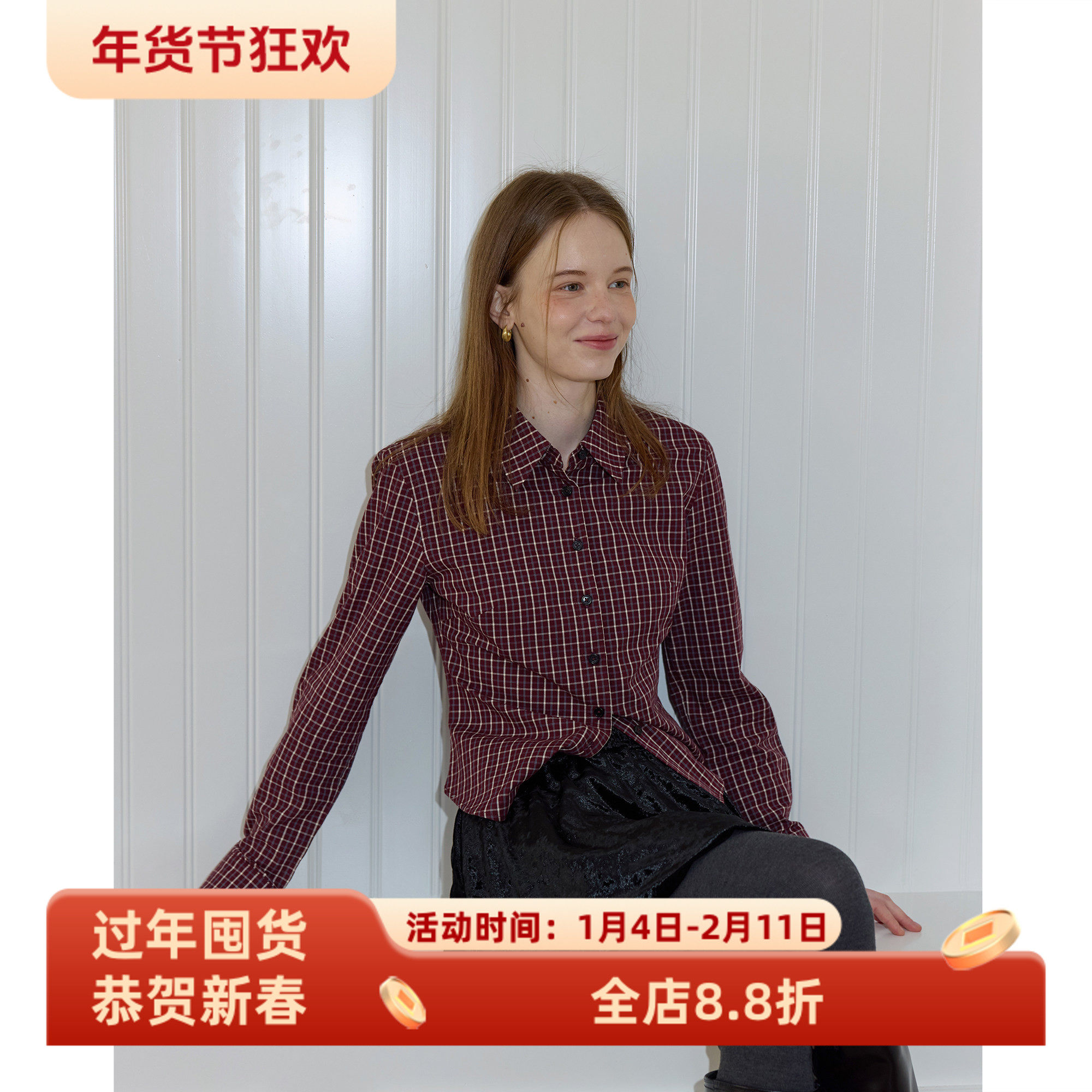 暗红格纹知识分子气质复古收腰显瘦纯棉短款长袖衬衫女春新款上衣,女装/女士精品,衬衫,淘宝优惠券,粉丝福利购,淘宝优惠卷