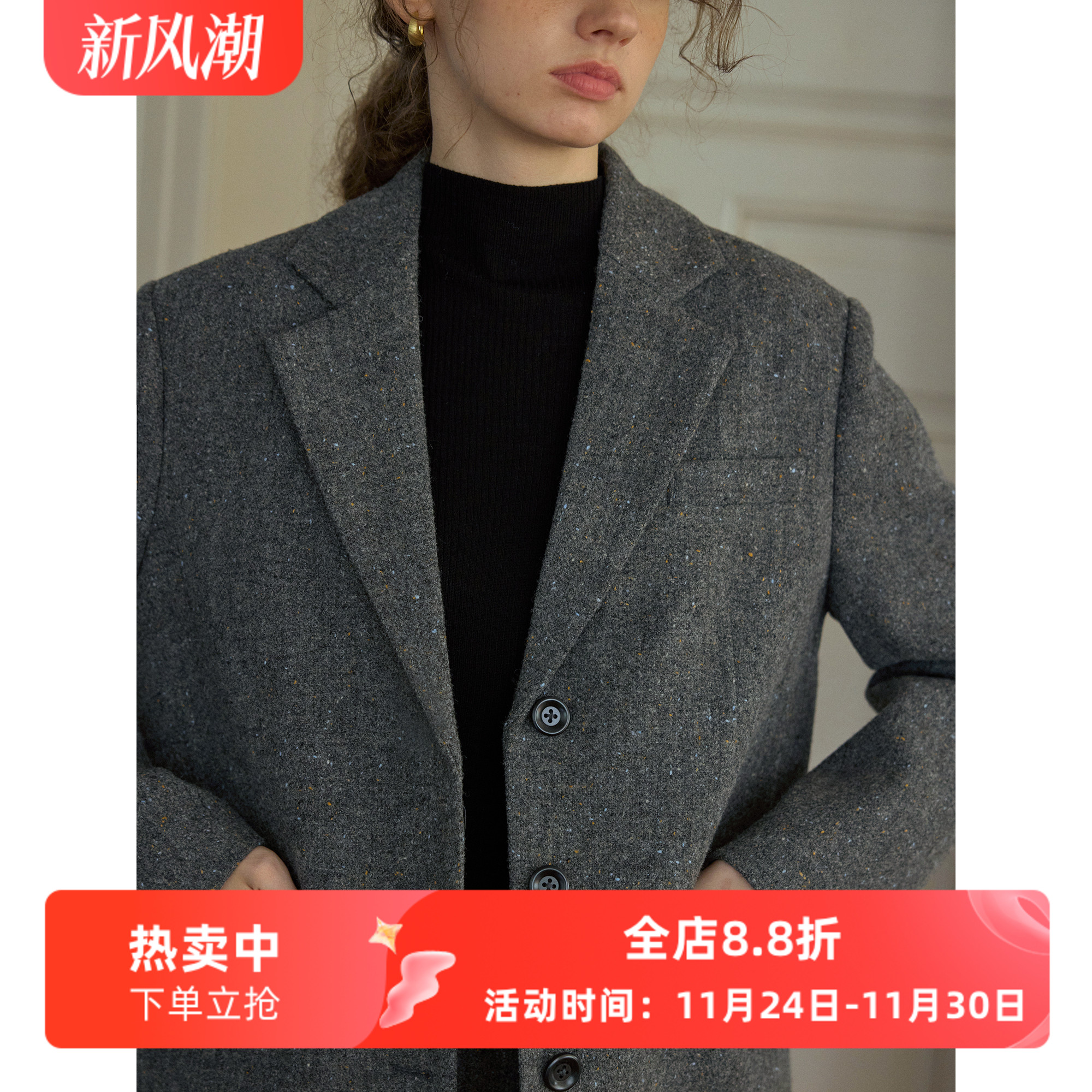 复古风灰色羊毛休闲宽松短款西装毛呢外套女秋冬新款呢子通勤韩版