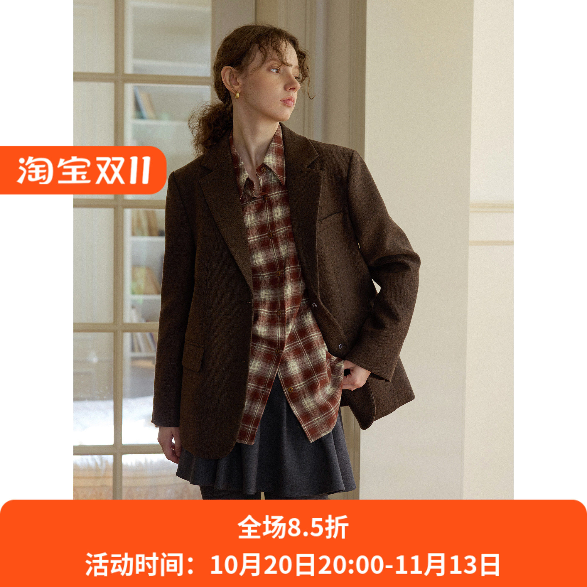 英伦复古风宽松短款羊毛混纺毛呢西装外套女呢子秋冬款通勤小个子