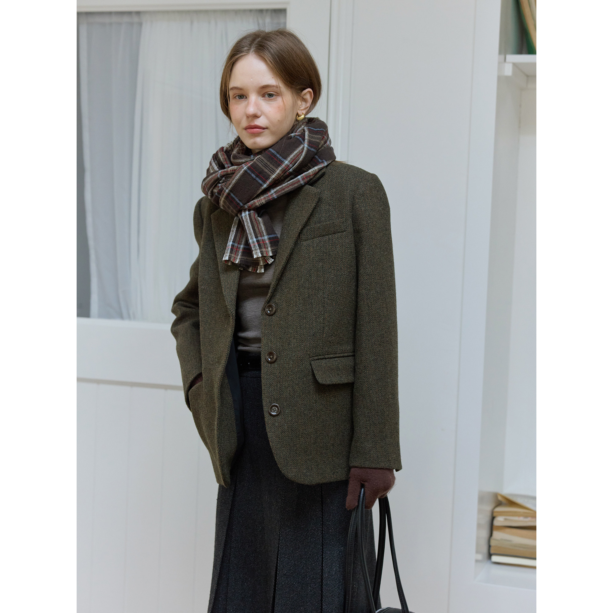 复古风绿色全羊毛休闲宽松西装毛呢外套女呢子秋冬款百搭通勤韩版