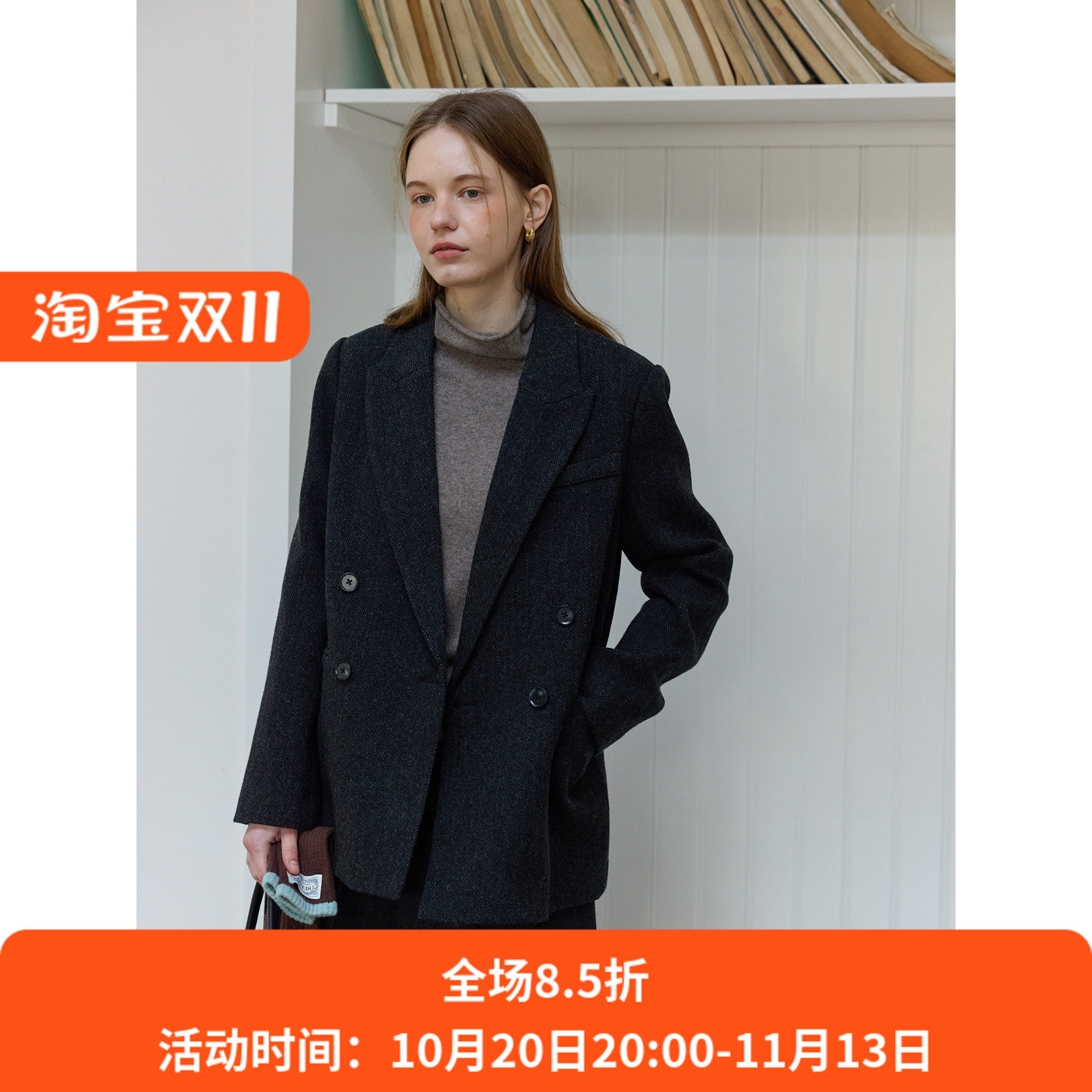 复古风全羊毛人字纹休闲宽松西装毛呢外套女呢子秋冬新款通勤韩版