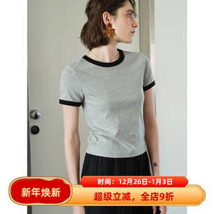 短袖 文艺范复古ins风灰色领口撞色修身 棉T恤女夏上衣 法式 徐莫西