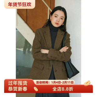 复古风高级感小格纹纯全羊毛宽松毛呢西装外套女呢子秋冬新款通勤