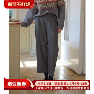 复古灰色人字纹羊毛毛呢高腰直筒裤九分裤女秋冬季款休闲通勤西裤