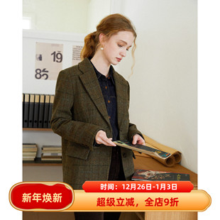 英伦复古风深绿色高级感格纹纯羊毛毛呢西装 外套女呢子秋冬新款