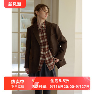 英伦复古风宽松短款羊毛混纺毛呢西装外套女呢子秋冬款通勤小个子