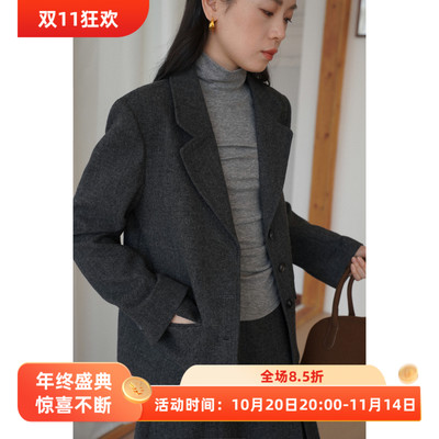 英伦复古风灰色宽松短款羊毛毛呢西装外套女呢子秋冬款通勤小个子