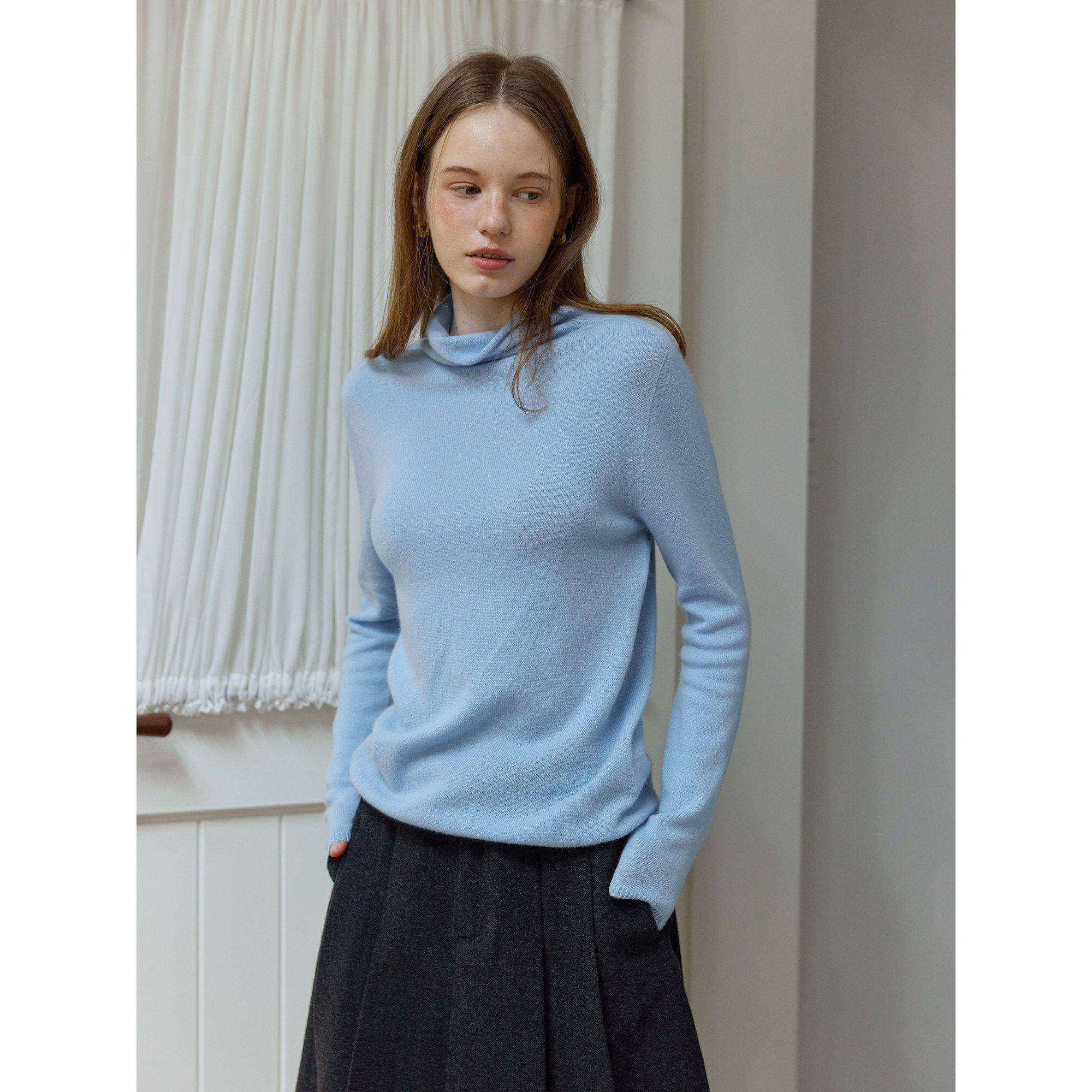 百搭亲肤蓝色堆堆高领卷边羊毛羊绒内搭针织打底衫毛衣女秋冬季款