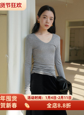 V领天丝羊毛长袖修身显瘦打底衫T恤女秋款圆U领叠穿亲肤内搭上衣