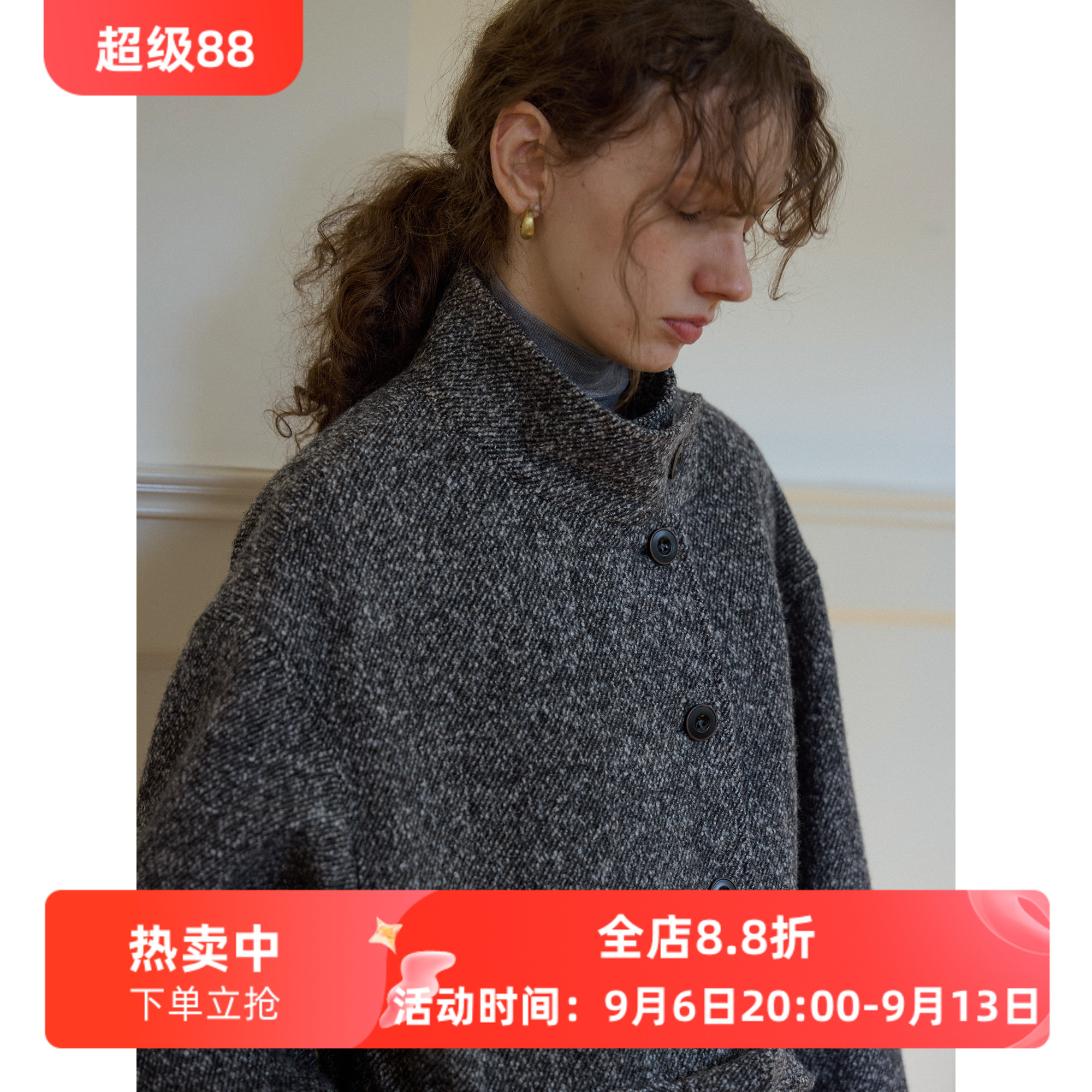 复古通勤羊毛斜纹圈圈纱时髦保暖系带立领毛呢子大衣外套女秋冬款