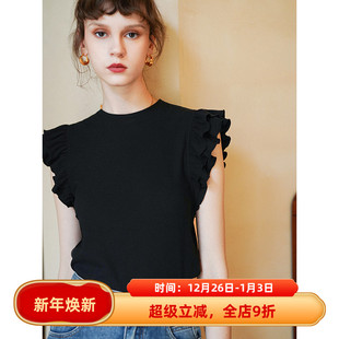 显瘦T恤女夏款 徐莫西 修身 风气质甜美双层荷叶边圆领无袖 上衣 法式