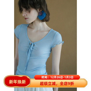 打底衫 正肩短袖 T恤女夏露锁骨上衣 显瘦薄款 甜辣风大圆领系带修身