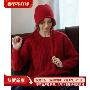复古红色圆领粗棒针麻花宽松全羊毛针织衫毛衣女秋冬加厚保暖上衣