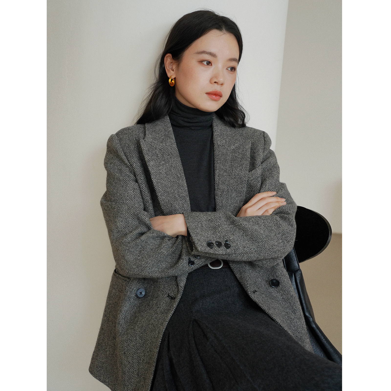复古风全羊毛人字纹休闲宽松西装毛呢外套女呢子秋冬新款通勤韩版