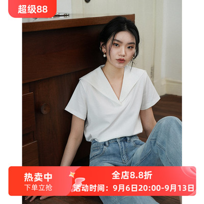 海军领宽松短袖T恤女夏V领上衣