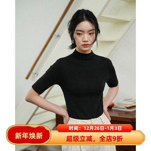 法式 T恤女夏新款 复古简约风半高领修身 打底衫 内搭上衣 中袖 徐莫西