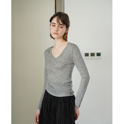 亲肤柔软天丝羊毛v领修身长袖打底衫T恤春夏款显瘦百搭露锁骨上衣