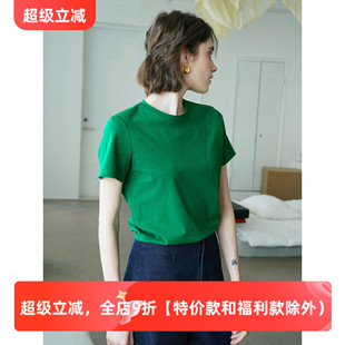 T恤女夏款 复古绿色圆领干爽透气强捻纱斜纹纯棉宽松正肩短袖 上衣