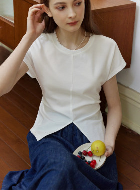 白色百搭圆领三醋酸短款系带收腰显瘦无袖T恤女夏设计感开叉上衣