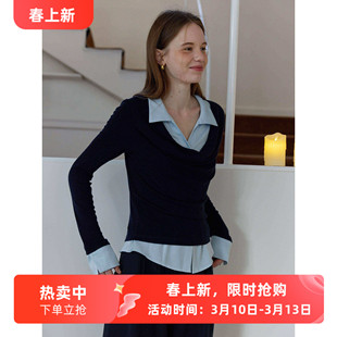 蓝色天丝羊毛法式v领假两件拼接针织醋酸衬衫女春款休闲通勤上衣