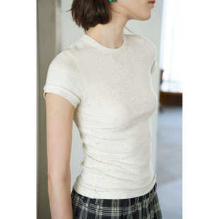 亲肤柔软花纱罗纹简约圆领修身显瘦短袖打底衫T恤女夏款正肩上衣