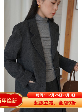 英伦复古风灰色宽松短款羊毛毛呢西装外套女呢子秋冬款通勤小个子
