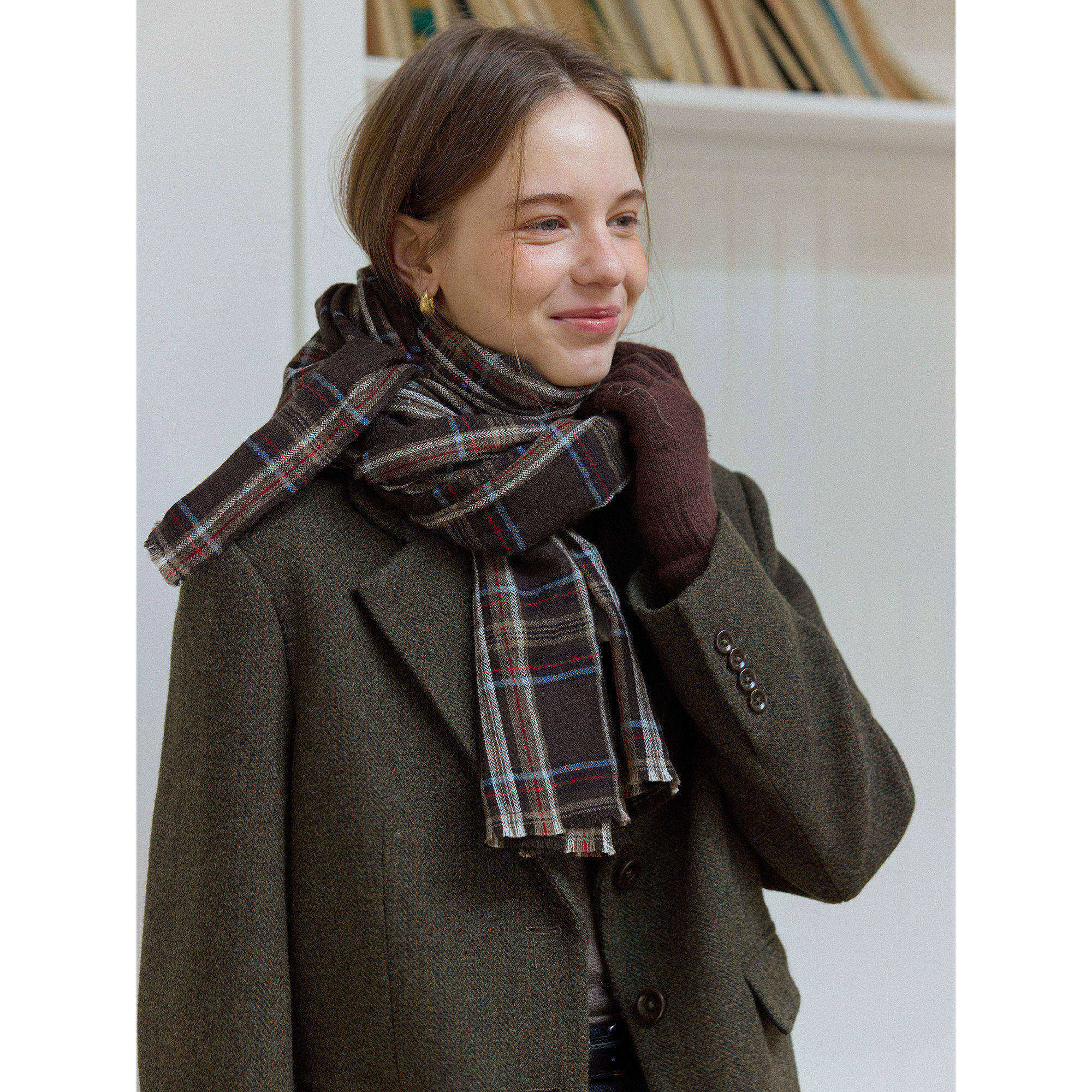 复古百搭格纹肌理感羊毛保暖围巾女秋冬款格子韩系高级感围脖披肩