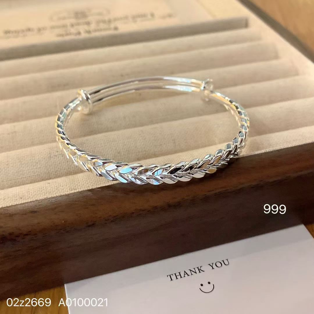 星辰足银999麦穗手镯女实心光面可调节推拉镯子穗穗平安小众设计