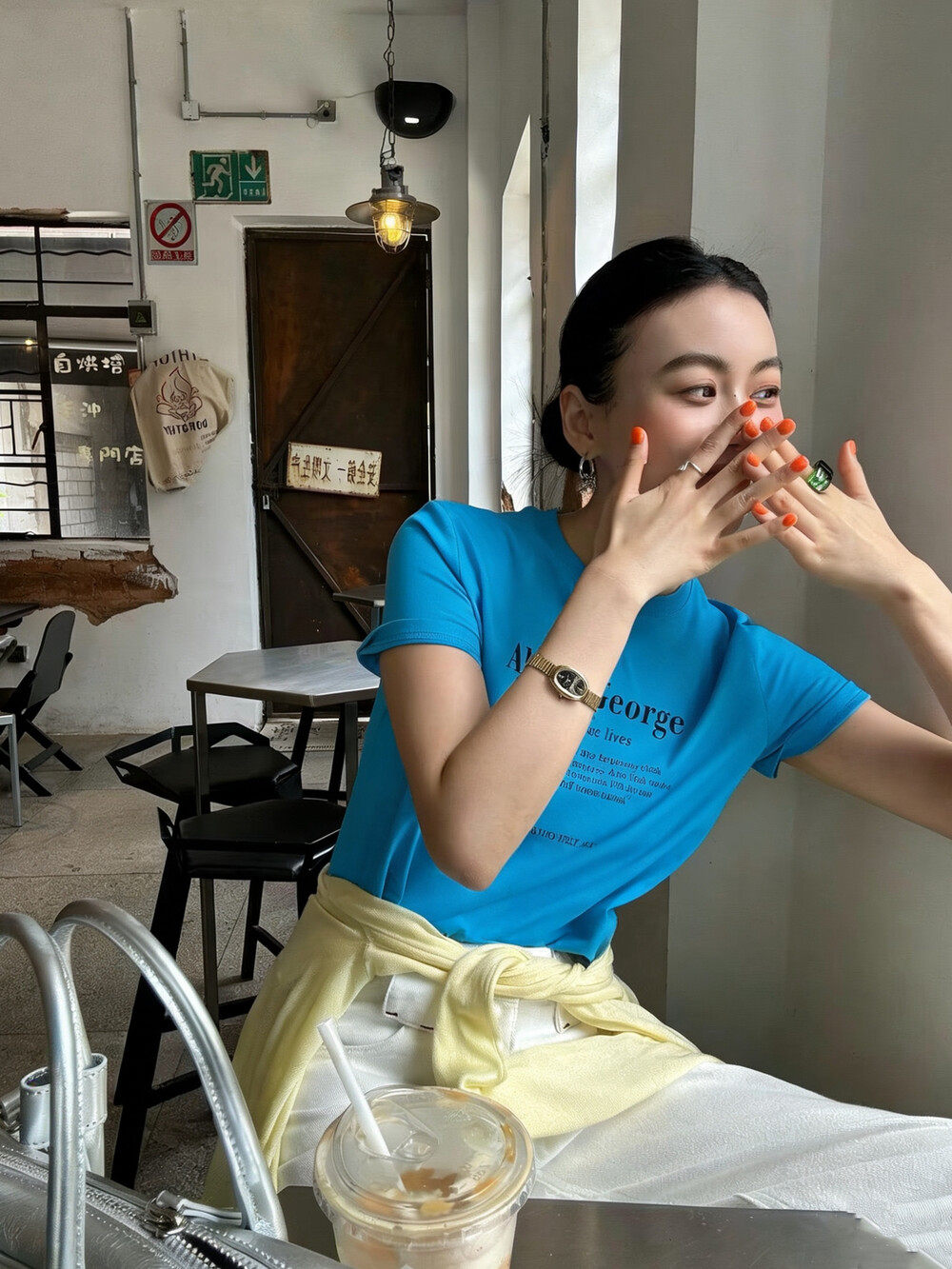 显白蓝 多色搭日常休闲百搭简约字母印花上衣短袖T恤女