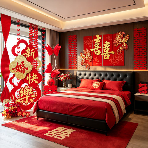 婚房布置套装结婚新房卧室装饰中式喜字KT板背景墙贴婚礼房间晨摆