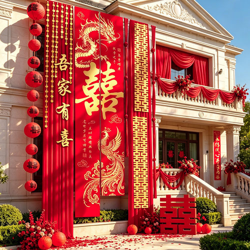 婚房庭院龙凤喜字条幅挂布吾家有喜中式婚礼布置别墅大门户外装饰