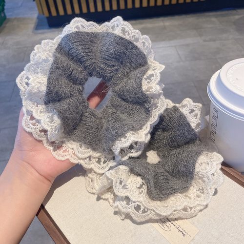 韩版柔软毛绒针织蕾丝花边大肠圈秋冬新款洋气百搭头花丸子头发绳