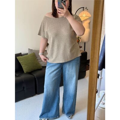 大阿娇 大码春夏季新款宽松显瘦短袖薄款斜肩宽松中袖针织衫上衣