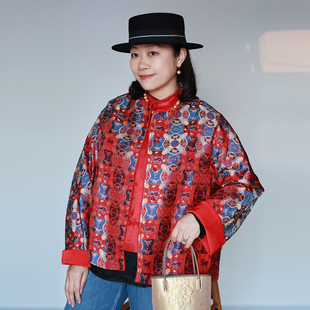 新年战袍  非遗蜀锦 100%桑蚕丝红蓝纹 宽松大气新中式外套