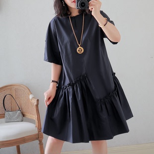 简约， 知性~大气 高织棉 不规则木耳边 气质深蓝 宽松A摆连衣裙