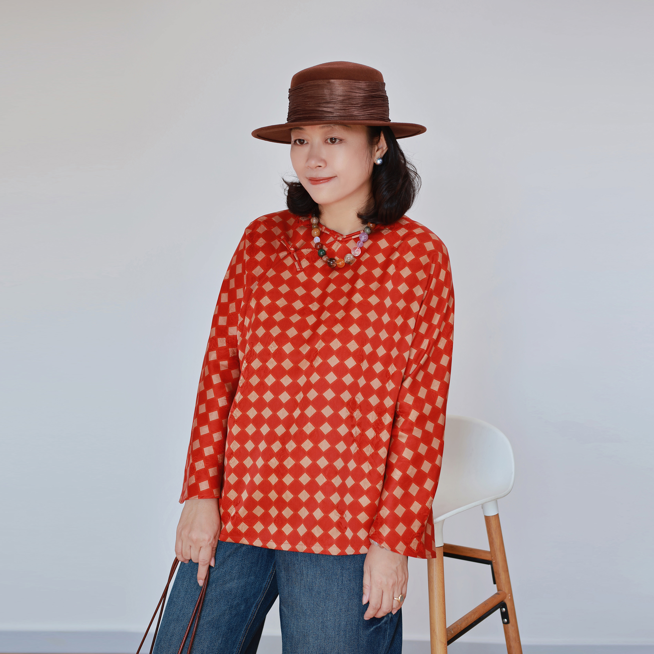 2025秋冬新品100%桑蚕丝红格宽松盘扣长袖旗袍上衣