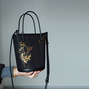 典藏非遗  名家上久楷黑金竹纹  宋锦 牛皮 新中式手提斜跨包