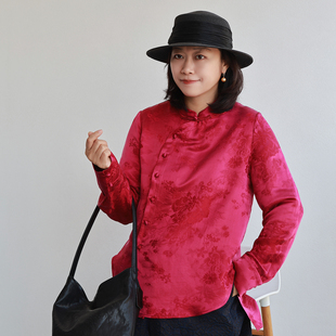 超美玫瑰色 衬衫 提花重缎 大气圆弧下摆中式 斜襟立领 早春
