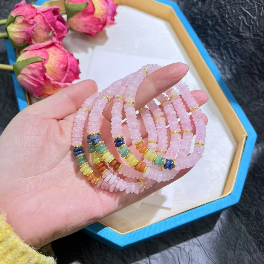 天然粉水晶药片隔片手链小清新甜美系女款粉嫩彩虹五行手串