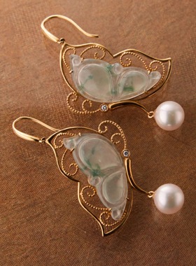 ONDINE-天然缅甸A货冰种飘花蝴蝶AKOYA珍珠翡翠耳环