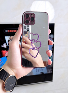 心形苹果14手机壳镜面iPhone13新款12高级感11可爱8plusxsmax创意x小众ip15pro女13mini玻璃xr化妆镜7p套14pm