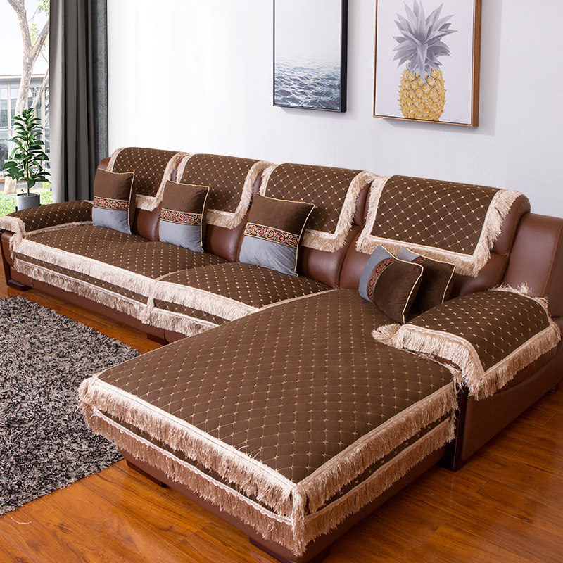 冬季真皮沙发防滑坐垫加厚欧式通用布艺四季通用沙雪尼尔发套定制