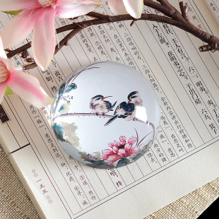 桌面摆件人造水晶圆形艺术透明高端收藏送礼装饰品花鸟图案礼品