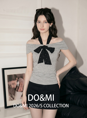 DOMI灰色假两件波点挂脖一字肩短袖t恤女夏夏季修身紧身收腰短款