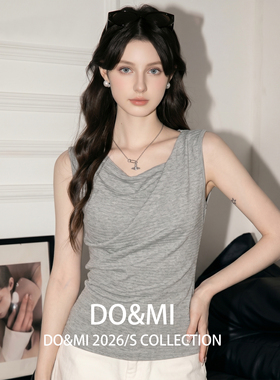 DOMI灰色条纹荡领无袖吊带背心女夏外穿内搭打底宽肩带工字上衣