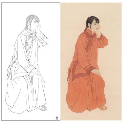 【大彩图】何家英工笔画白描底稿《独坐黄昏后》高清打印稿ZV19